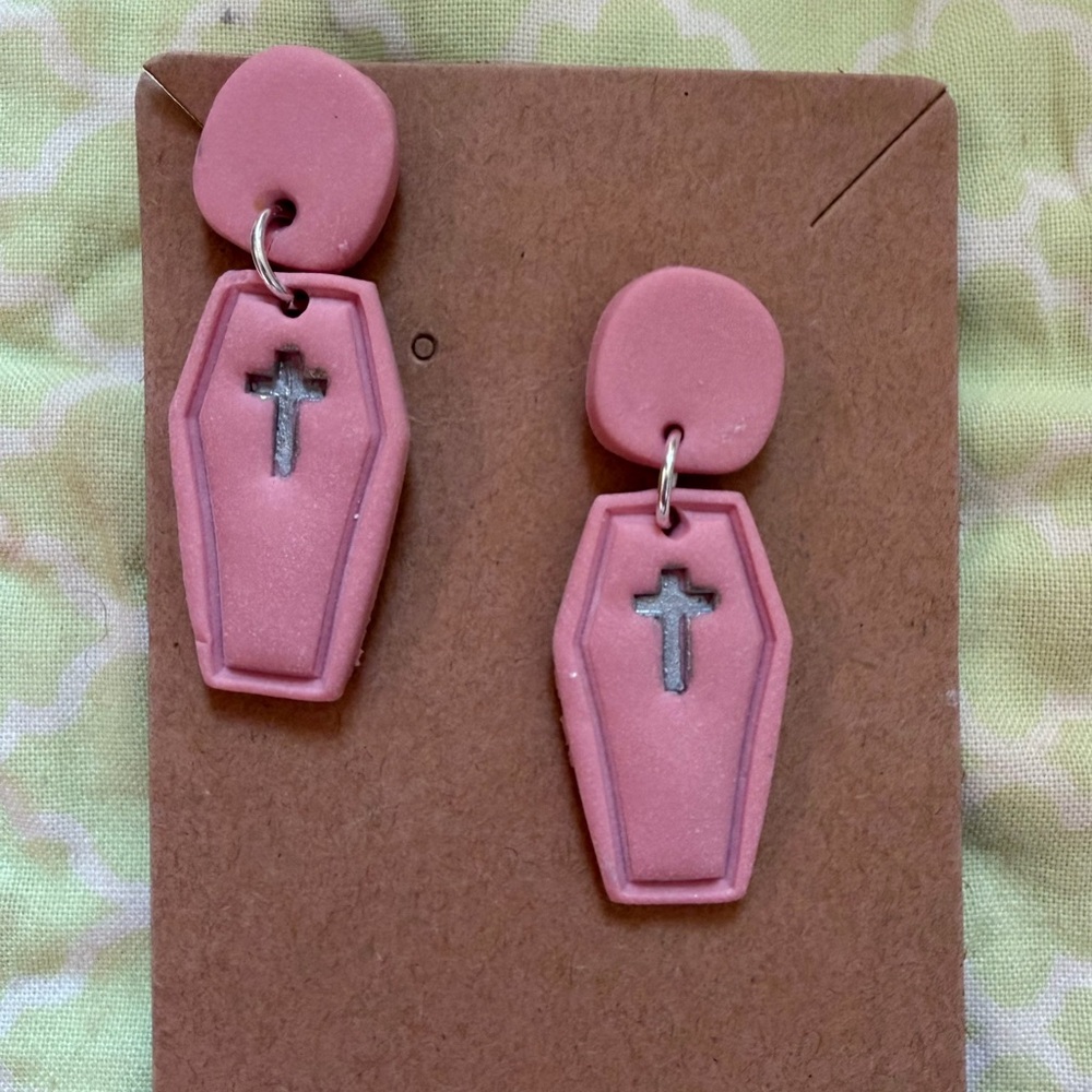 Pink Coffin Handmade Polymer Clay Earrings